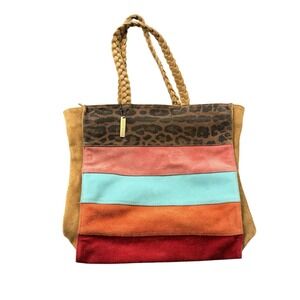 Katty Miyoko Genuine Leather Suede Colorblock Tote‎ Bag Leopard